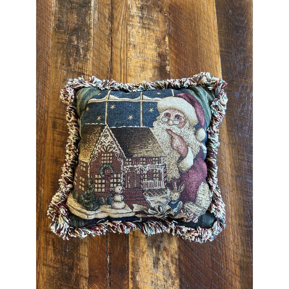 Vintage Christmas Santa Throw Pillow With Fringe 12" Square Festive Holiday Home